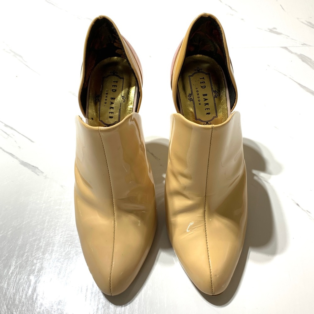 TED BAKER LONDON Wheat Patent Slip On Booties Rose Gold Heels Sz 37 - Picture 1 of 12